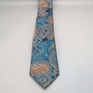 DiBanGu Mens Silk Tie Teal Copper Navy Paisley Hand Tailored Woven Jacquard